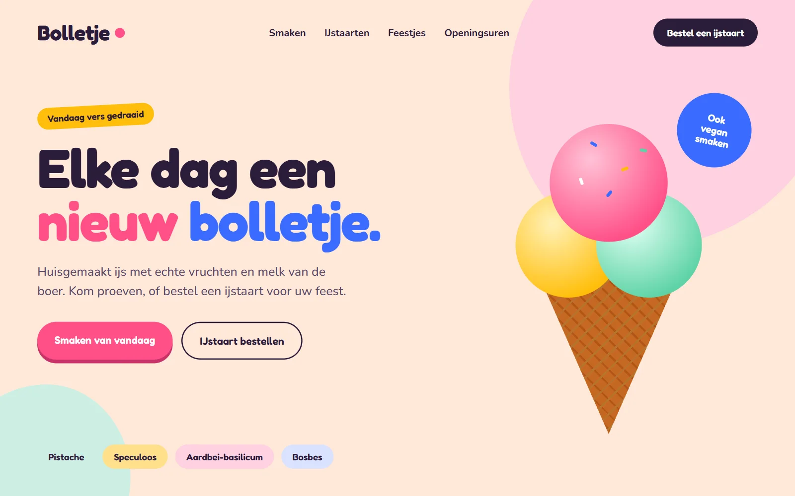 Stijlconcept Bolletje: perzikkleurige achtergrond, een getekend ijsje met drie kleurige bollen en een ronde, vette letter.