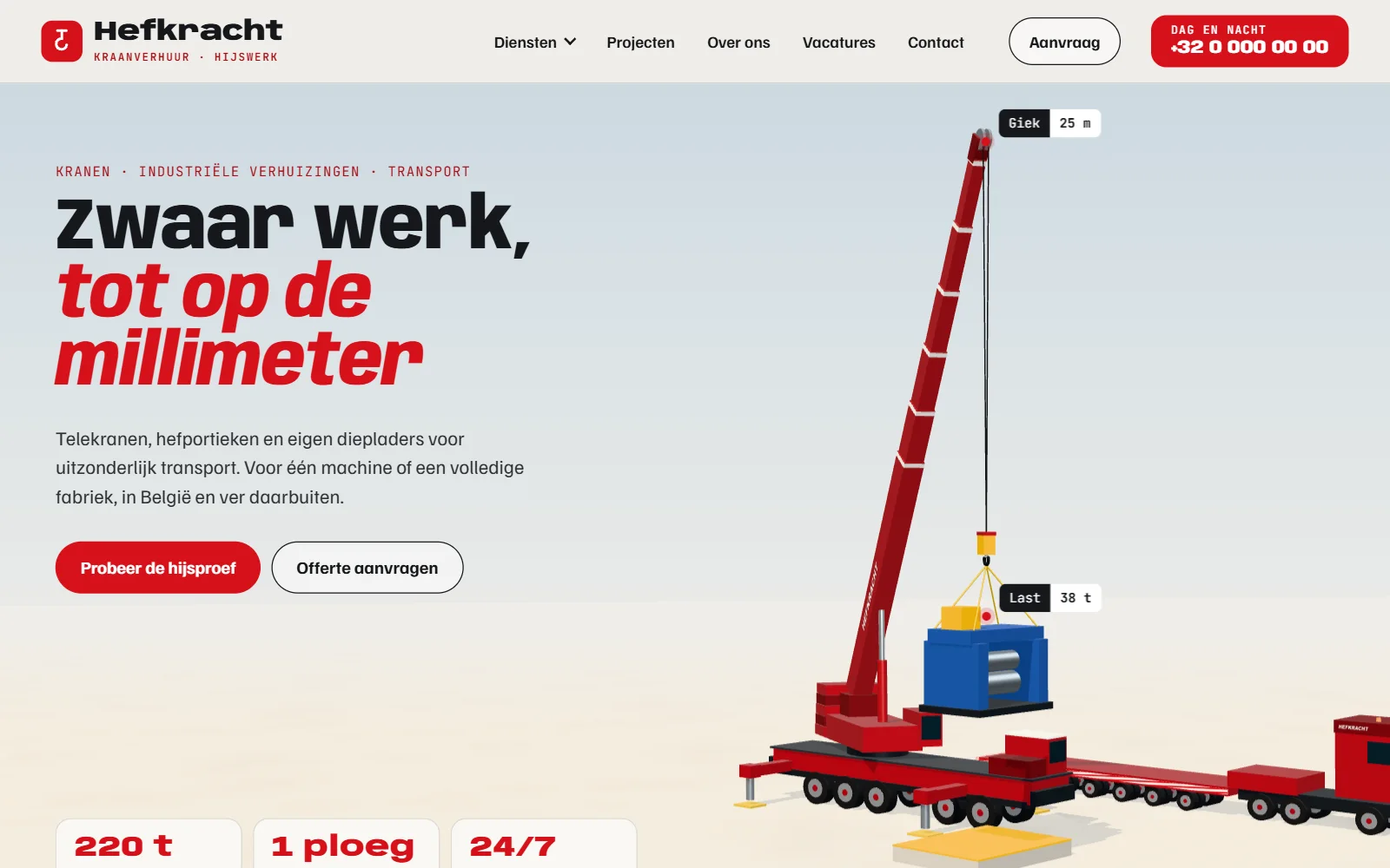 Demo Hefkracht Kraanverhuur: een rode telekraan in 3D die een last optilt, met de knoppen Probeer de hijsproef en Offerte aanvragen.