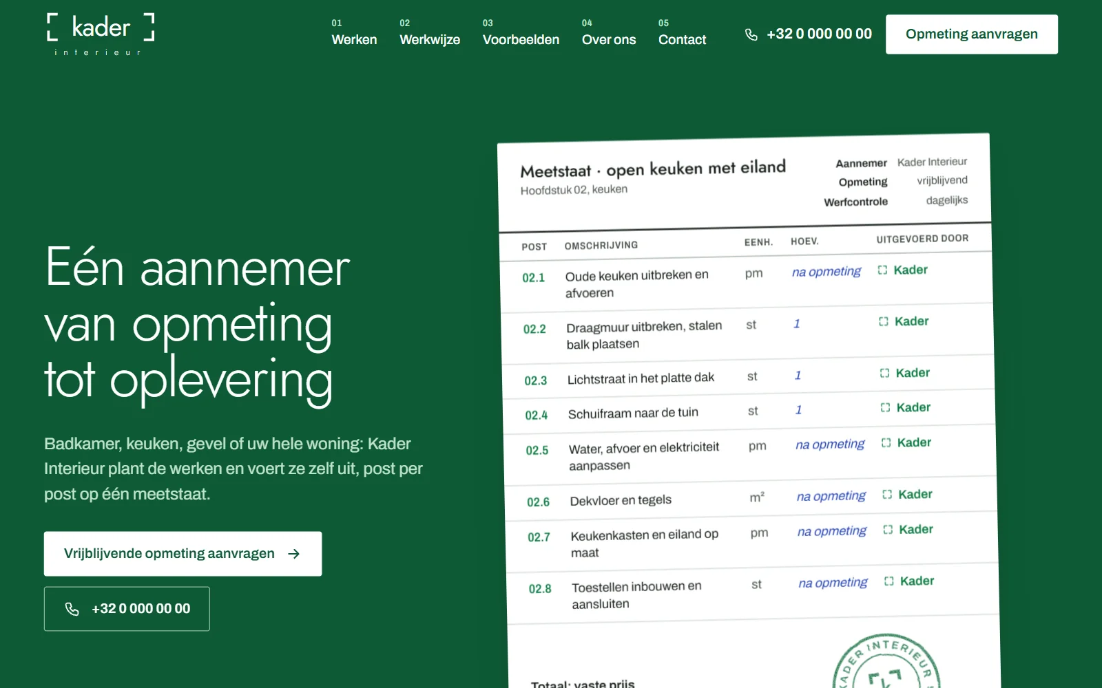 Demo Kader Interieur: een groene startpagina met een meetstaat voor een open keuken en de knop Vrijblijvende opmeting aanvragen.