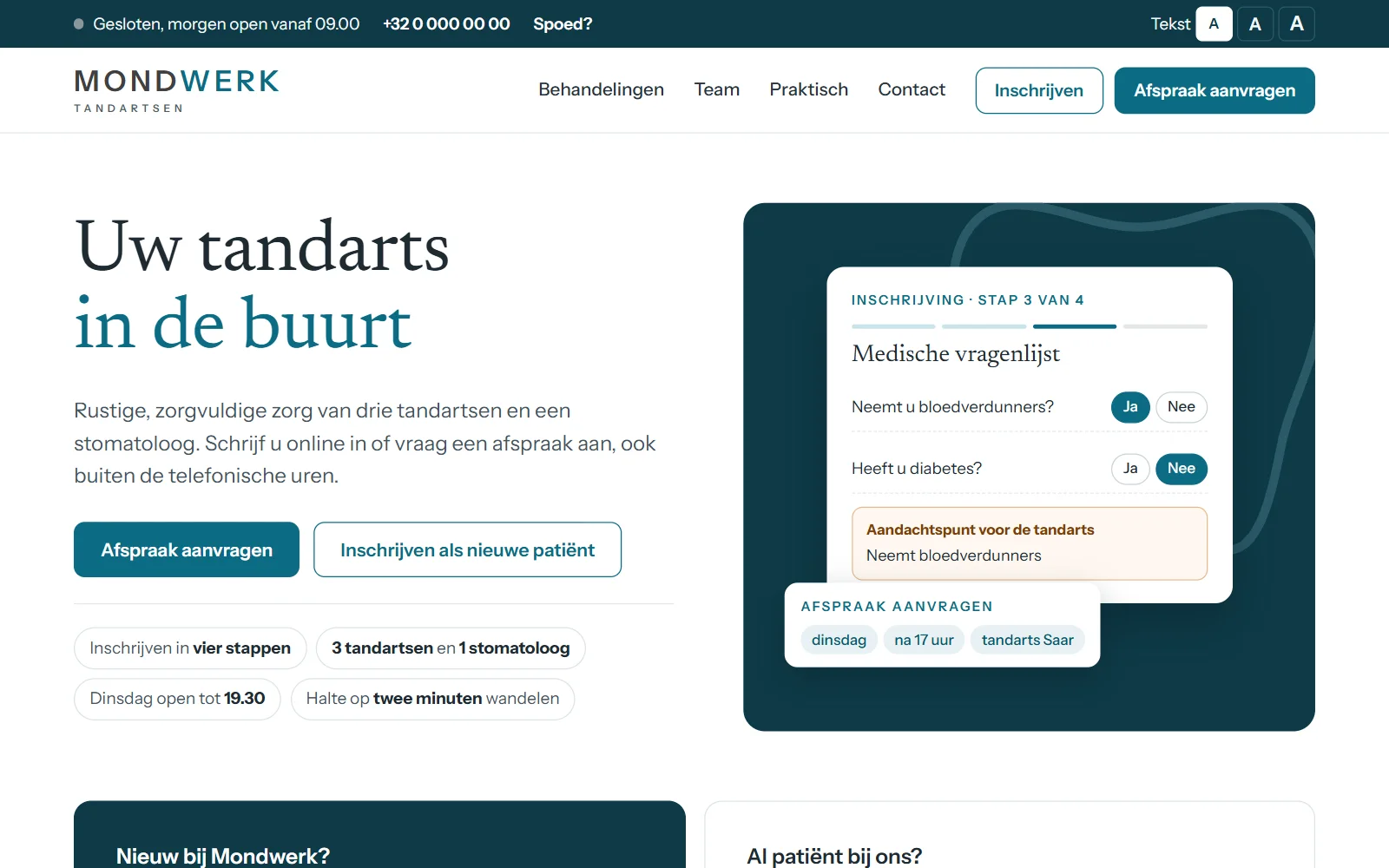 Demo Mondwerk Tandartsen: de startpagina met een stap uit de online inschrijving en de knoppen Afspraak aanvragen en Inschrijven als nieuwe patiënt.