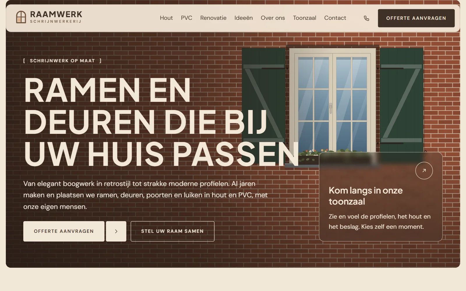 Demo Raamwerk Schrijnwerkerij: een getekende bakstenen gevel met een houten raam en groene luiken, met de knoppen Offerte aanvragen en Stel uw raam samen.