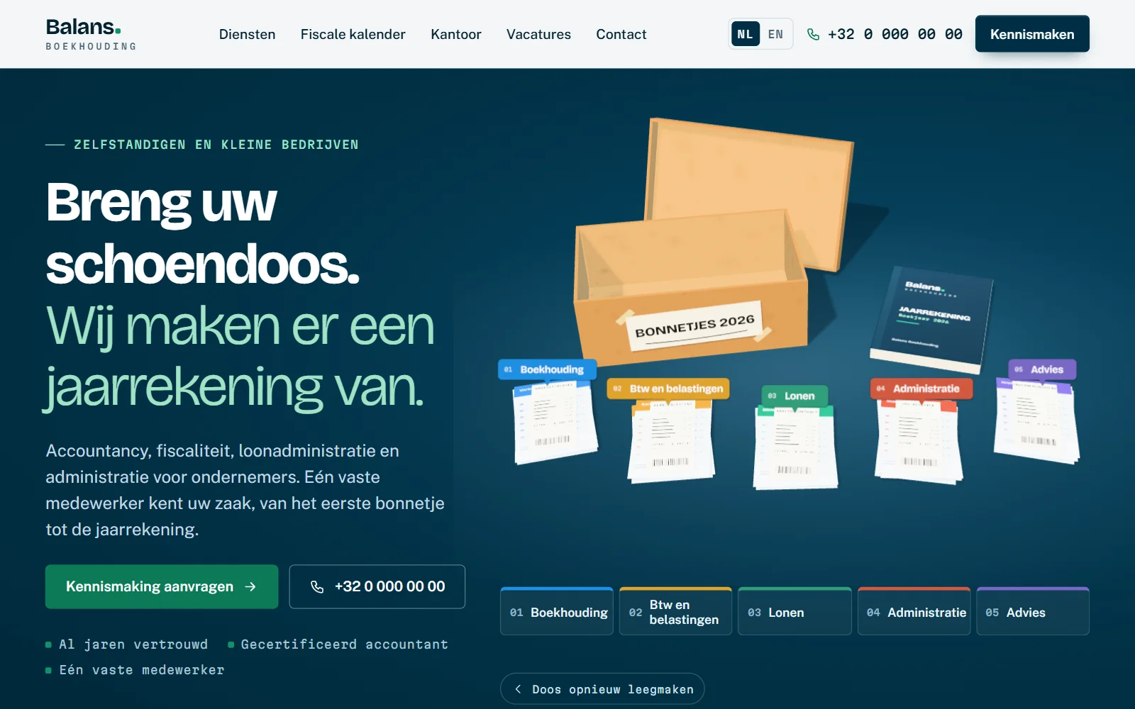Demo Balans Boekhouding: een kartonnen schoendoos in 3D waaruit stapels documenten komen, met de titel Breng uw schoendoos.