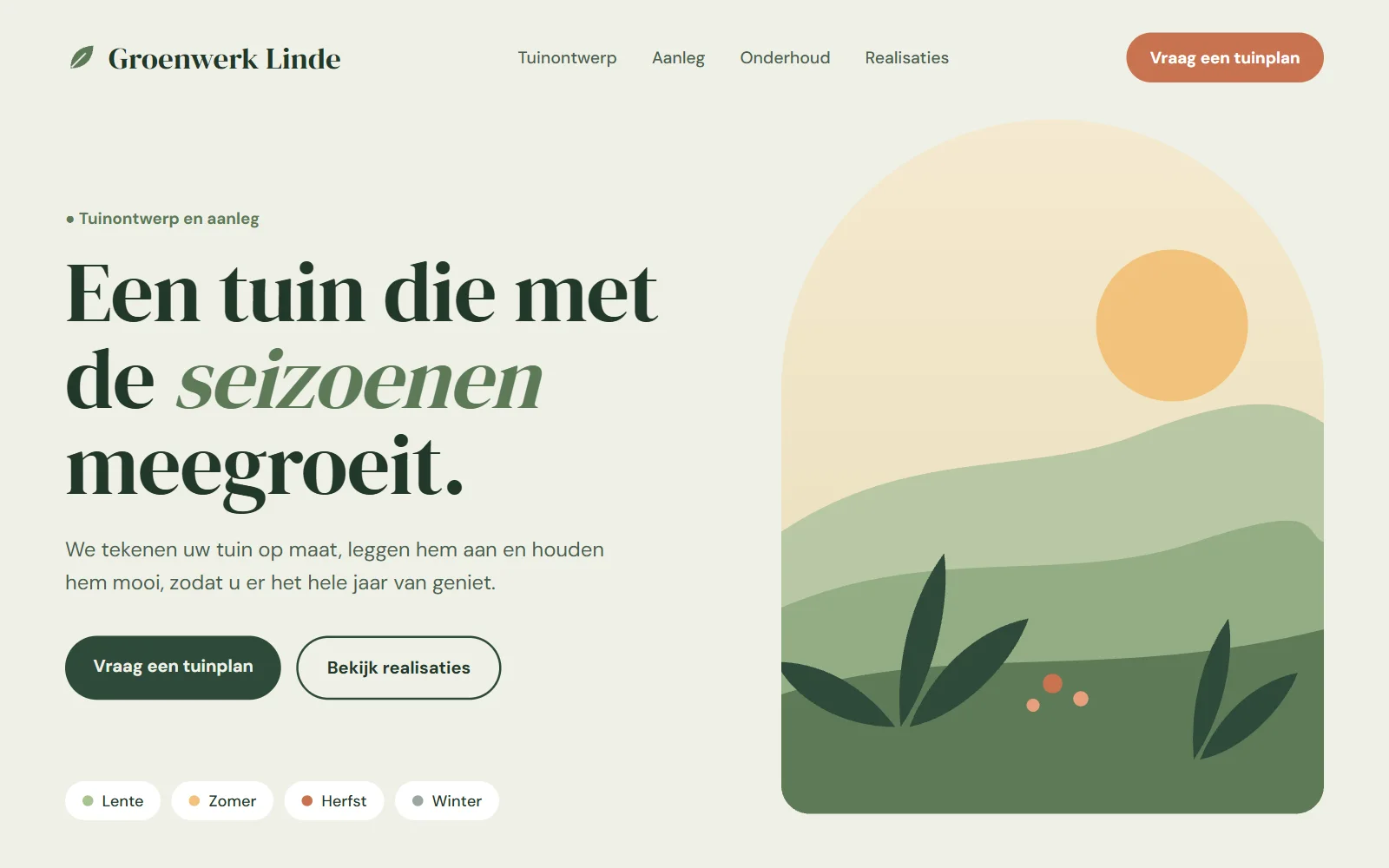 Stijlconcept Groenwerk Linde: zachtgroene achtergrond, een getekend landschap in een boog en een ronde klassieke letter.