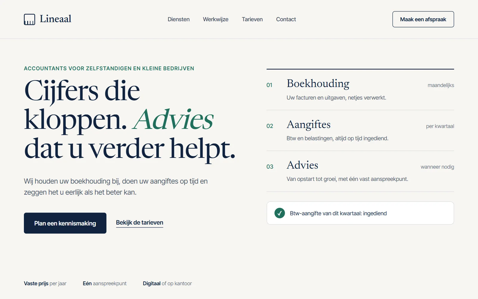 Stijlconcept Lineaal: lichte achtergrond, donkerblauwe klassieke letter en drie genummerde diensten in een strak raster.
