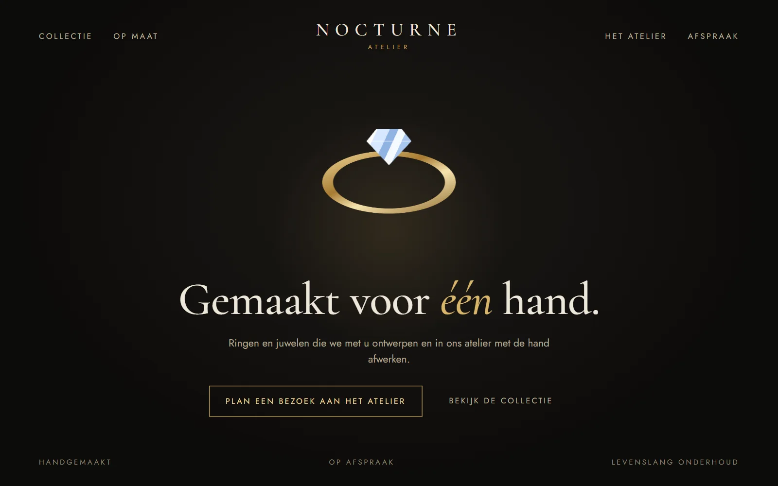 Stijlconcept Nocturne: bijna zwarte achtergrond, een gouden ring met een steen in het midden en een sierlijke letter.