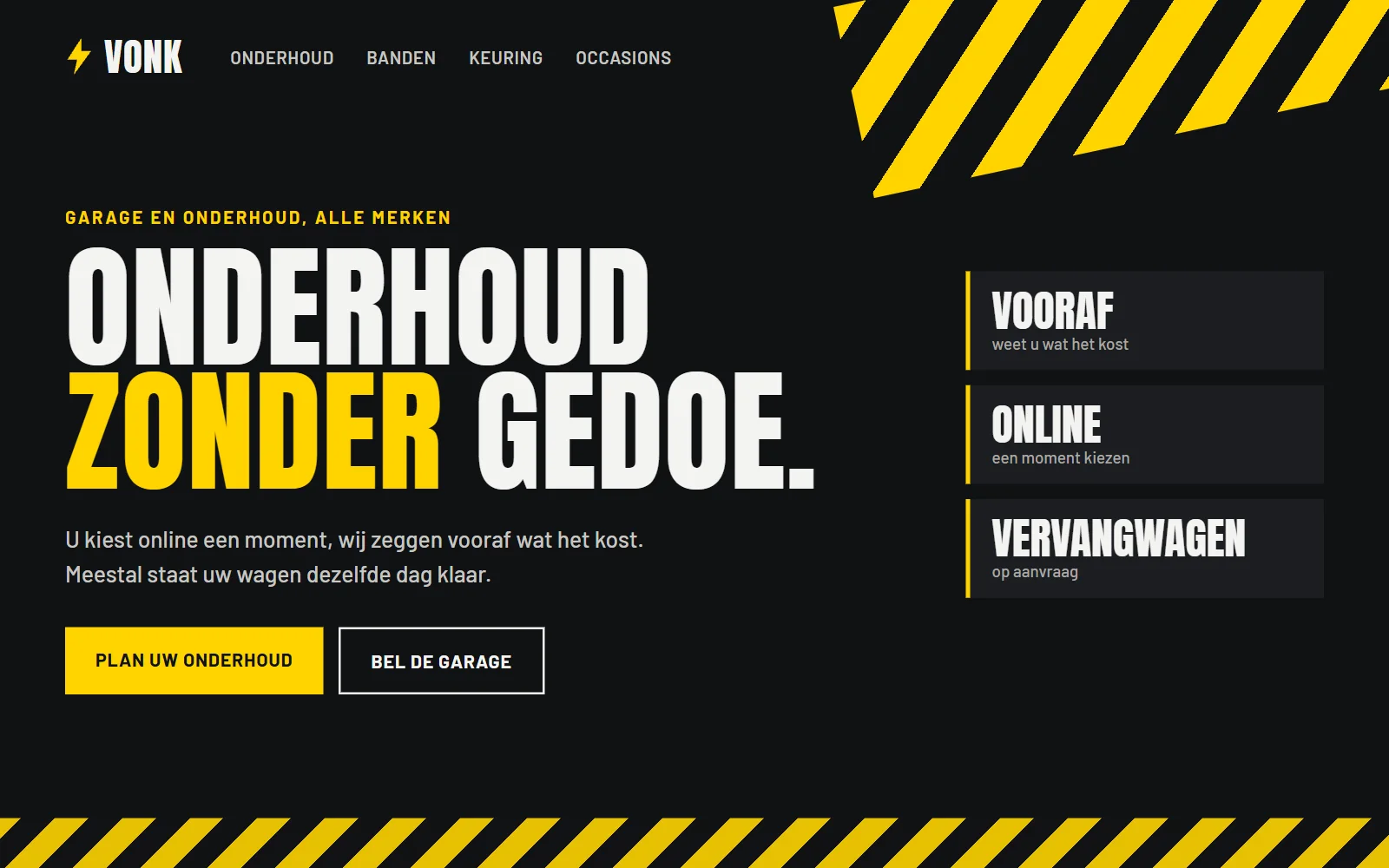 Stijlconcept Vonk: zwarte achtergrond, gele schuine strepen en een grote smalle kop in hoofdletters.