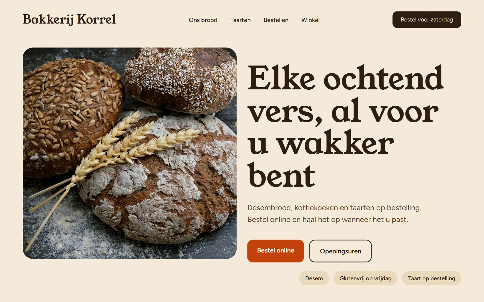 De nieuwe site: grote foto, duidelijke titel en een knop om online te bestellen.